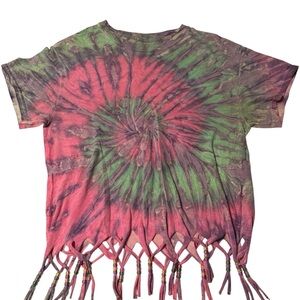 HANDMADE Tie-Dye Breaded Fringe Tee - Pink & Green & Purple